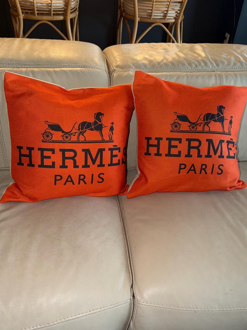 Hermès Paris Orange Logo Throw Pillow Pair